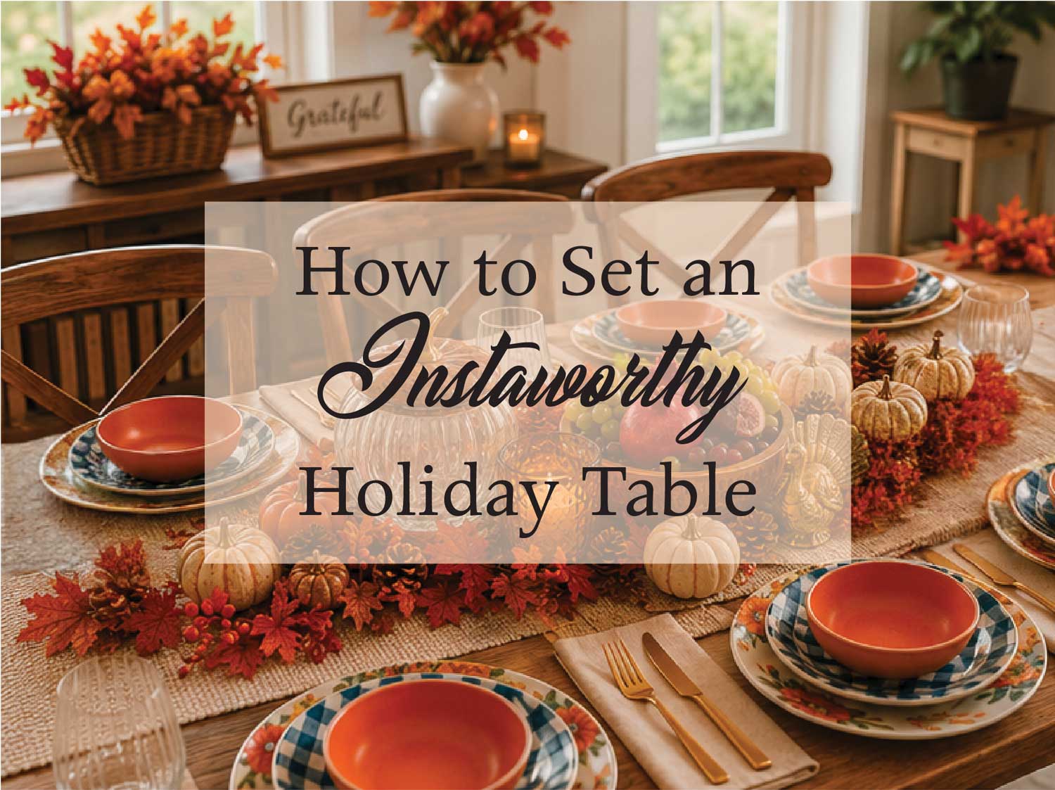 Overhead view of a styled fall holiday table with layered plates, pumpkins, and warm autumn decor