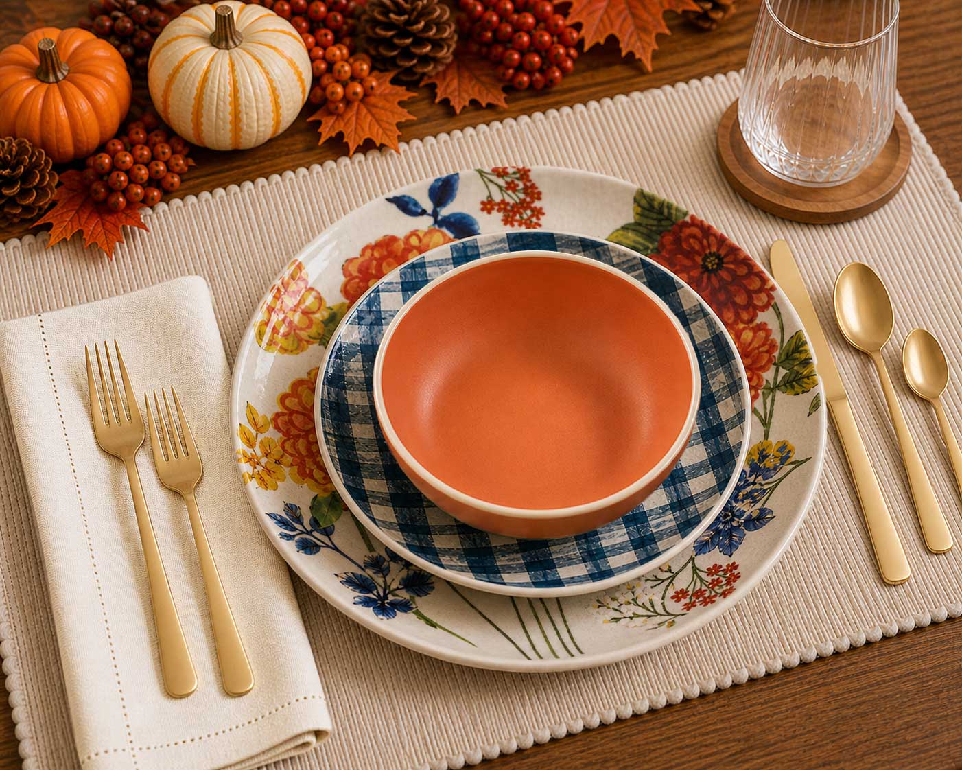 Place setting with gold flatware, folded napkin, and layered plates in warm fall tones