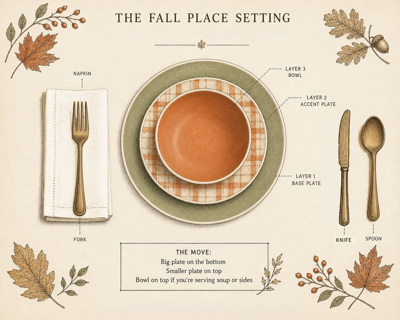 Diagram of a fall place setting showing plate layering with charger, dinner plate, and bowl