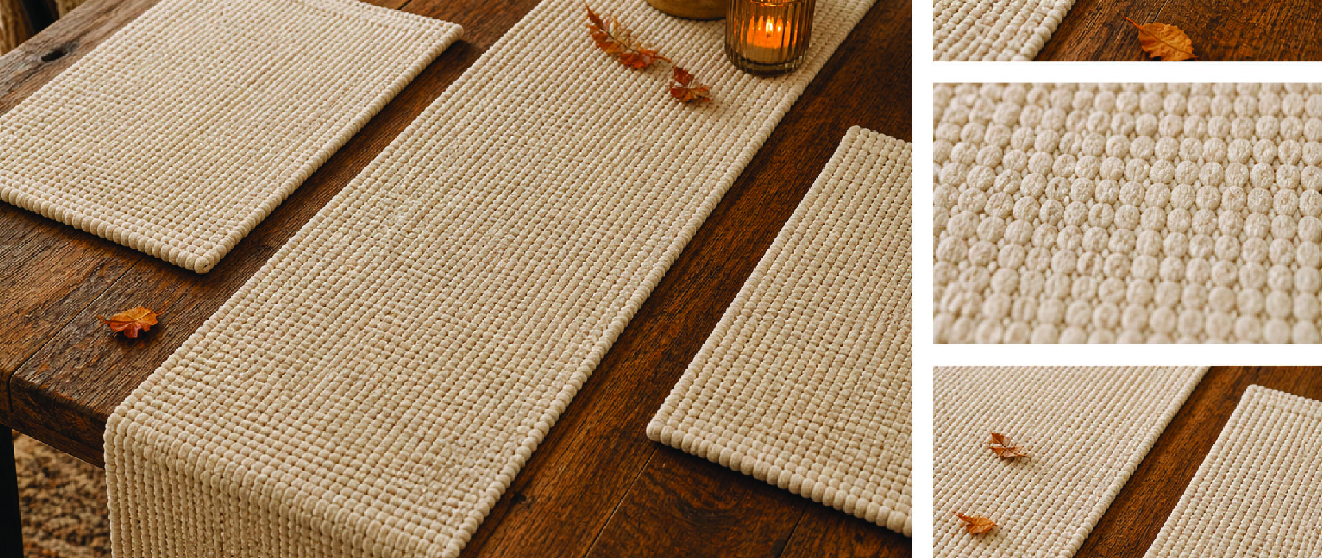 Close-up of textured neutral placemats and a soft table runner on a wood surface