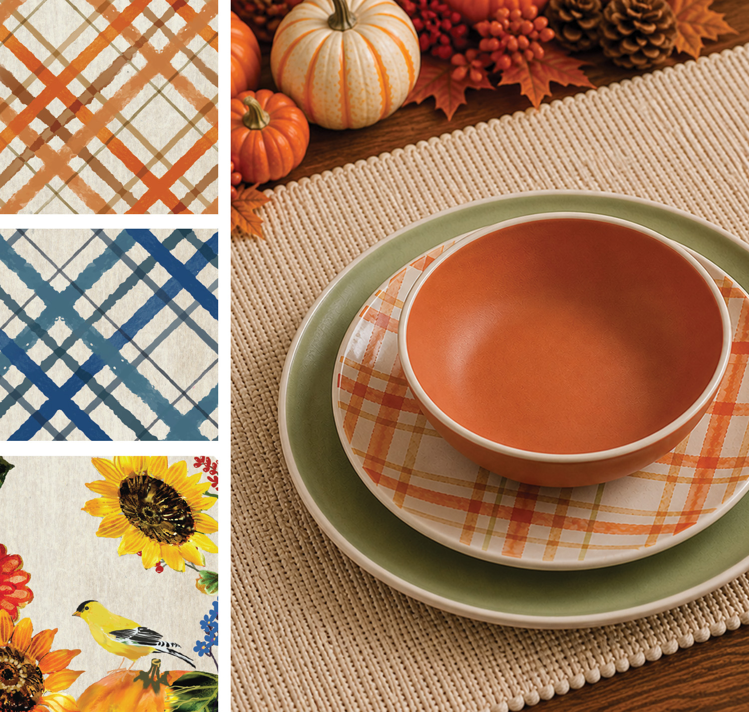Mix of plaid and floral fall plates in olive, rust, cream, and caramel earth tones